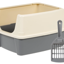 Amazon Basics Large Cat Litter Box with High Sides, Open Top for Easy Access, Includes Scoop with Storage, 19" x 15" x 11.75", Grey/Beige