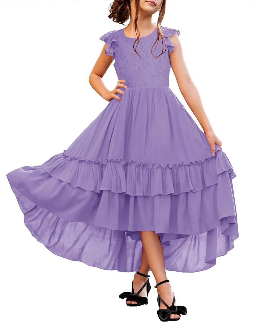 HOSIKA Lace Flower Girls Dress Summer Short Sleeve Princess Vintage Boho Wedding Party A-Line Maxi Dresses 6-12 Years Purple XL