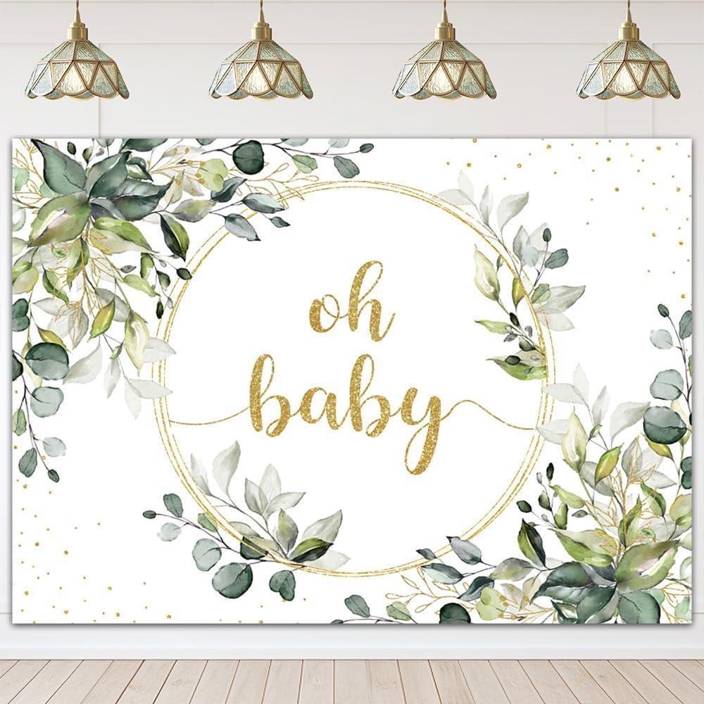 Mocsicka Greenery Baby Shower Backdrop Gold Oh Baby Background Green Eucalyptus Baby Shower Party Cake Table Decoration Banner Photo Booth Props (7x5ft)