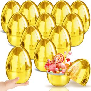 FLYSNK 12 Pcs Jumbo Golden Easter Eggs, 6 Inch Metallic Giant Plastic Gold Eggs Fillable for Easter Hunt Party Favor Easter Basket Stuffers Fillers Filling Treats Classroom Prize Supplies for Kids