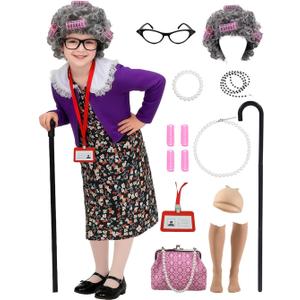 Kids Old Lady Costume Girls 100 Day of School Costume Grandma Costume Girls Old Women Granny Halloween Party (5-7 Years, Purple)