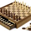 Peradix Magnetic Chess Checkers Board Sets with 2 Built-in Storage Drawers, 15" Classic 2 in 1 Wooden Games with 2 Extra Queens for Kids and Adults, Travel Portable Chess Game Set