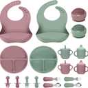 Silicone Baby Feeding Set, 18PCS Baby Led Weaning Supplies, Eating Essentials Utensils with Suction Plate and Bowl, Adjustable Silicone Bib, for 6+ Months (Pink+Green)