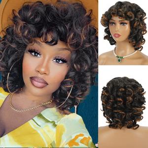 Curly Wigs for Black Women Short Black and Brown Curly Wig with Bangs Soft Big Bouncy Fluffy Curls Afro Synthetic Wigs for Daily Party Use(black brown,14Inch)