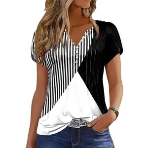 Disamer Summer Tops for Women Petal Short Sleeve Shirts Dressy Pleated Tunic 2026 Casual V Neck Button Down Blouses (Large, Striped Black)