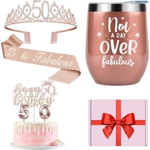 50th Birthday Decorations for Women with 12oz Tumbler/Mug Wine or Coffee, 50th Birthday Sash and Crown, Cake Topper and Candles, 50 Year Old Gifts Idea Rose Gold