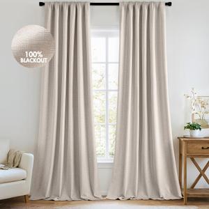 MIULEE 100% Blackout Curtains 96 Inch Long 2 Panels Set for Bedroom, Thick Faux Linen Black Out Curtain Room Darkening Back Tab Pleat Floor to Ceiling Window Drapes with Hooks for Living Room, Beige