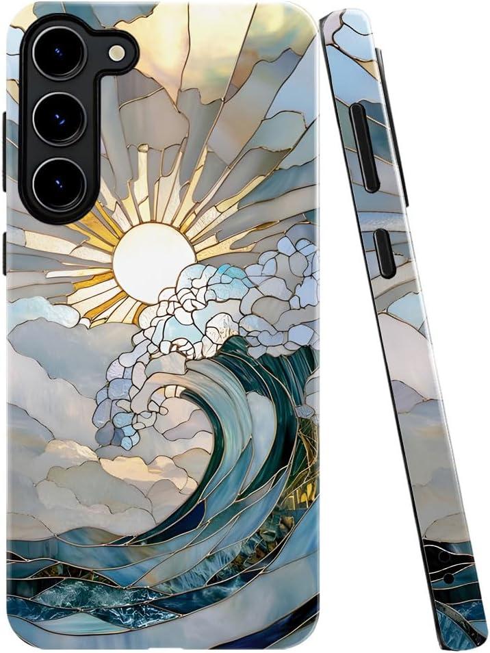 Case for Samsung Galaxy S23,Ocean Waves Sunrise Phone Case Drop Resistant Glossy 2 in 1 Solid Dual-Layer Cover for Girl Women