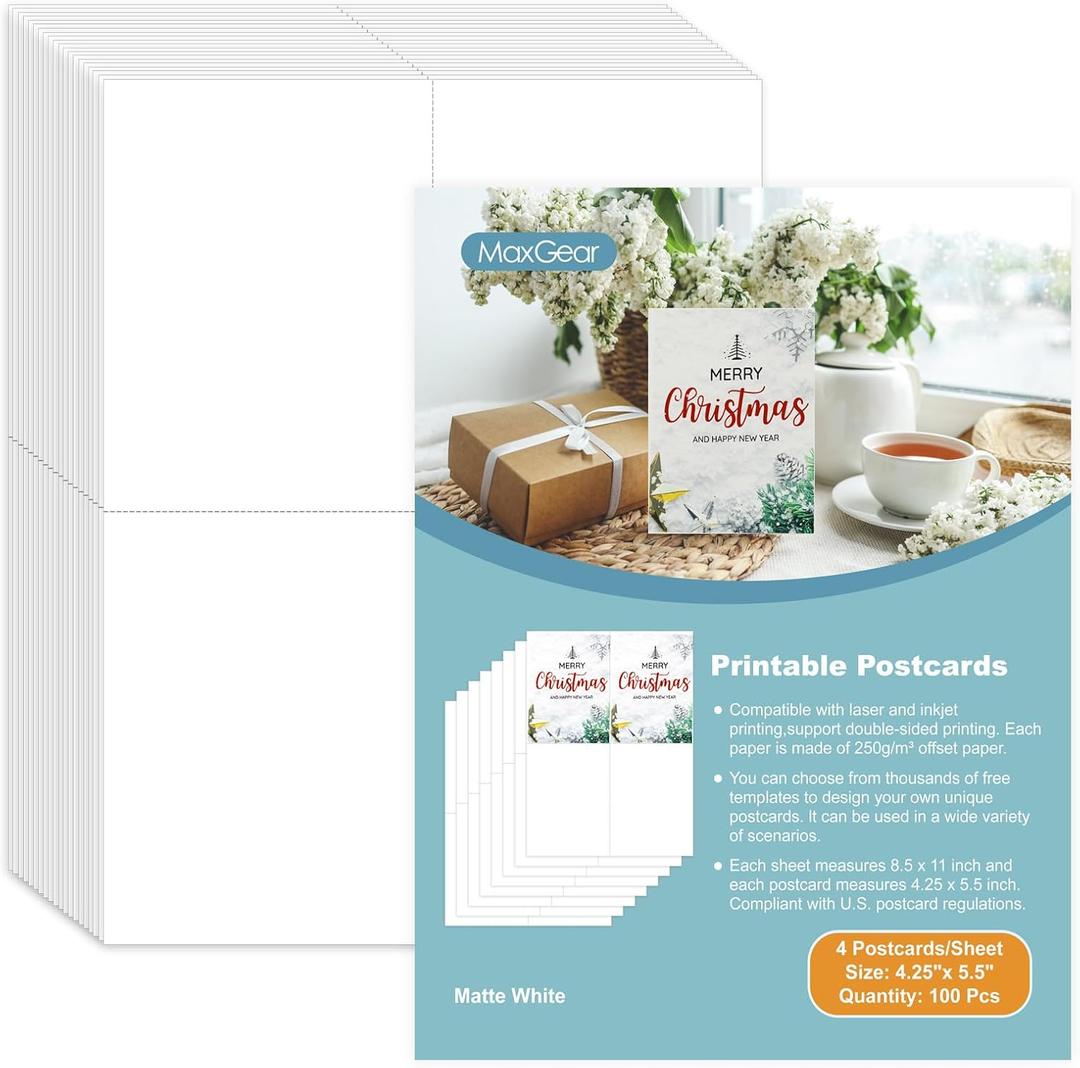 MaxGear Postcards Blank Printable Postcards Paper, Thank You Card for Laser and Inkjet Printer, Heavyweight Perforated Cardstock, 4 Printable Cards/Sheet, 100 Christmas Gift Cards, 4.25" x 5.5"