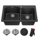 Black Kitchen Sink, 60/40 Double Bowl Sink 33x19x9 Inch Stainless Steel Drop In Kitchen Sink Undermount Large Kitchen Sink Combo-Sink Grid, Silicon Mat, Sink Clips For Modern SS Stylish Kitchen