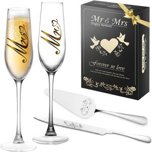 Mr and Mrs Champagne Flutes, Wedding Cake Knife and Server Set, Bride and Groom Champagne Glasses, Cake Cutting Set for Wedding, Bridal Shower Gifts, Engagement Gifts for Couples (Silver, Set of 4)