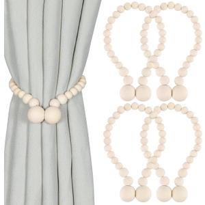 Magnetic Curtain Tiebacks, Curtain Tie Backs for Curtains 4 Pack, Wood Bead Curtain Tiebacks, Curtain Holders for Boho Bedroom Decor, Baby Nursery Decor, Farmhouse Decor (Wood Color)