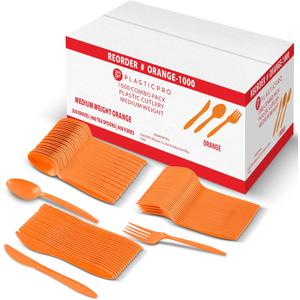 PLASTICPRO 1000 piece Cutlery Combo set of Orange Plastic Forks, Spoons, and Knives Disposable Colored Cutlery Holoween Bulk Pack Variety Pack for Party Home Office