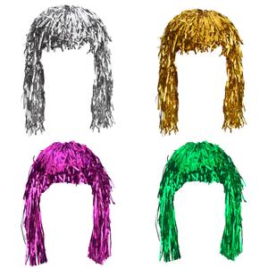 Sumind 4 Pieces Foil Tinsel Wigs Fancy Dress Shiny Party Wig Adults Metallic Cosplay Supplies (Gold, Silver, Green and Pink)