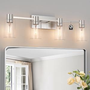 4-Light Modern Vanity Light Fixtures Over Mirror, Brushed Nickel Bathroom Light Fixtures, Vanity Lights, Wall Sconce with Clear Glass Shade for Bathroom, E26 Base