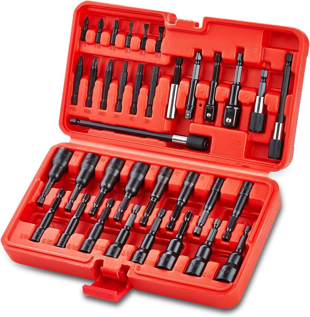 35PCS Magnetic Nut Driver Set, Nut Driver Set for Impact Drill, 1/4" Quick-Change Hex Shank | SAE & Metric | Cr-V Steel, Magnetic Screwdriver Bit W/Drill Bit Extension & Drill Bit Adapter