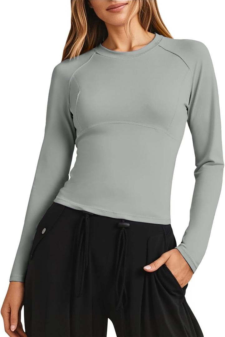Fisoew Womens Long Sleeve Workout Tops Athletic Shirts Crew Neck Compression Yoga Active T Shirt