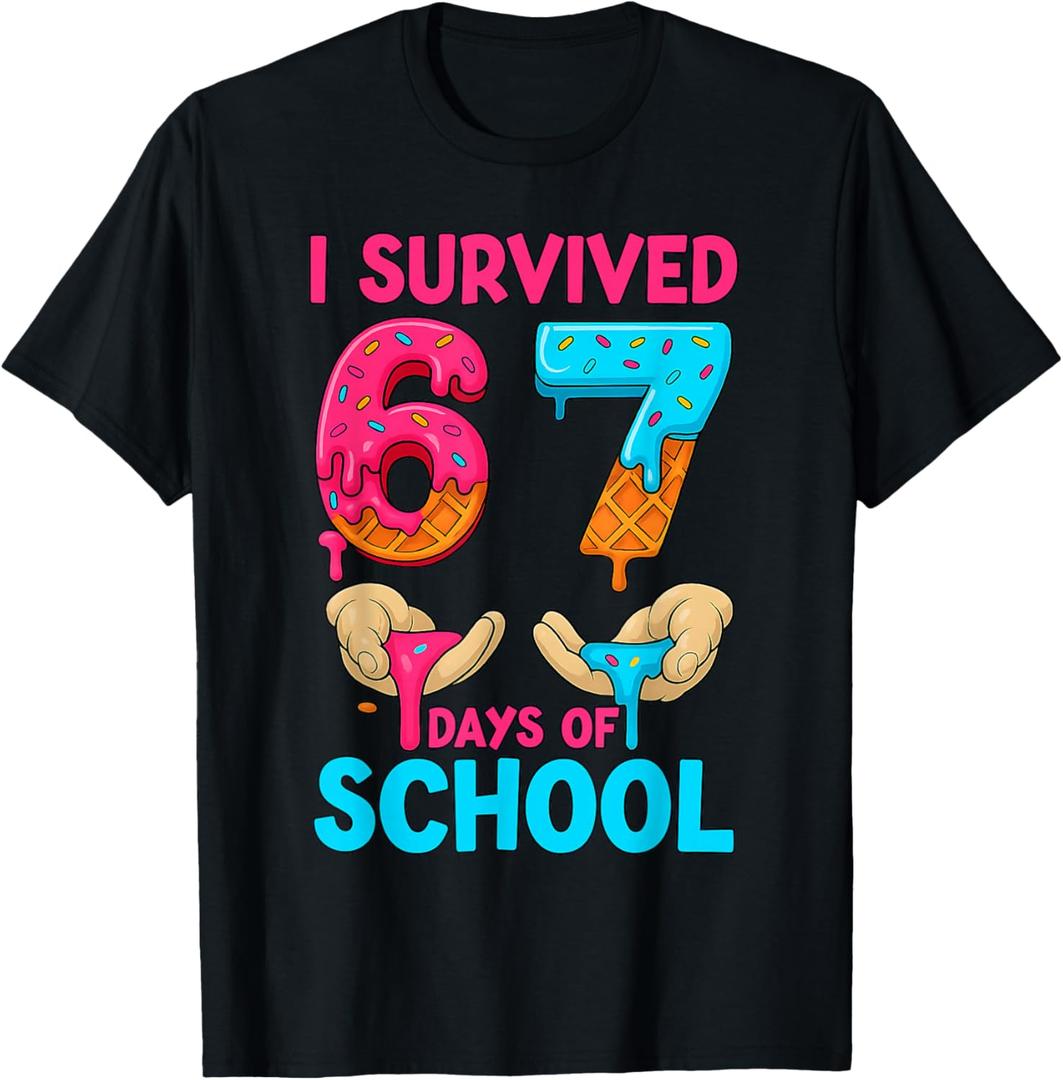I Survived 67 Days of School Teachers Students 6 7 Six Seven T-Shirt, Black 
