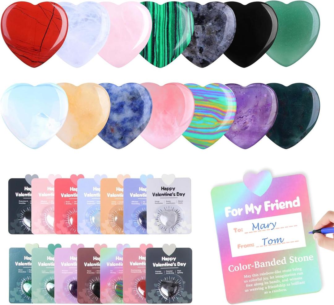 Valentines Day Cards for Kids School with Gifts 28 Pcs Natural Crystal Heart Stones Valentines Day Gifts for Kids Classroom Smooth Polished Gemstones for Students Class Valentines Exchange