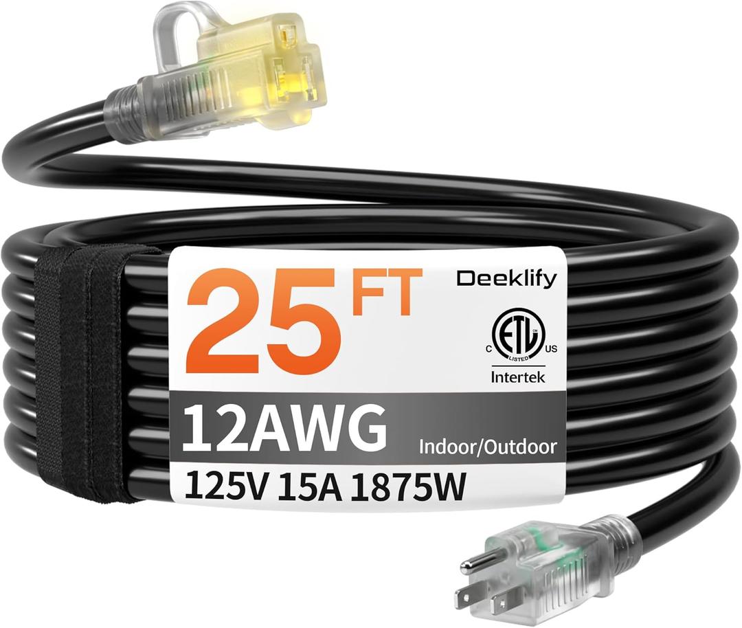 12AWG 25 FT Heavy Duty Outdoor Extension Cord Waterproof with Lighted End,Black 12 Gauge Extension Cord Flexible and Cold Resistant 3 Prong Grounded Plug,15Amp 1875W SJTW ETL Listed