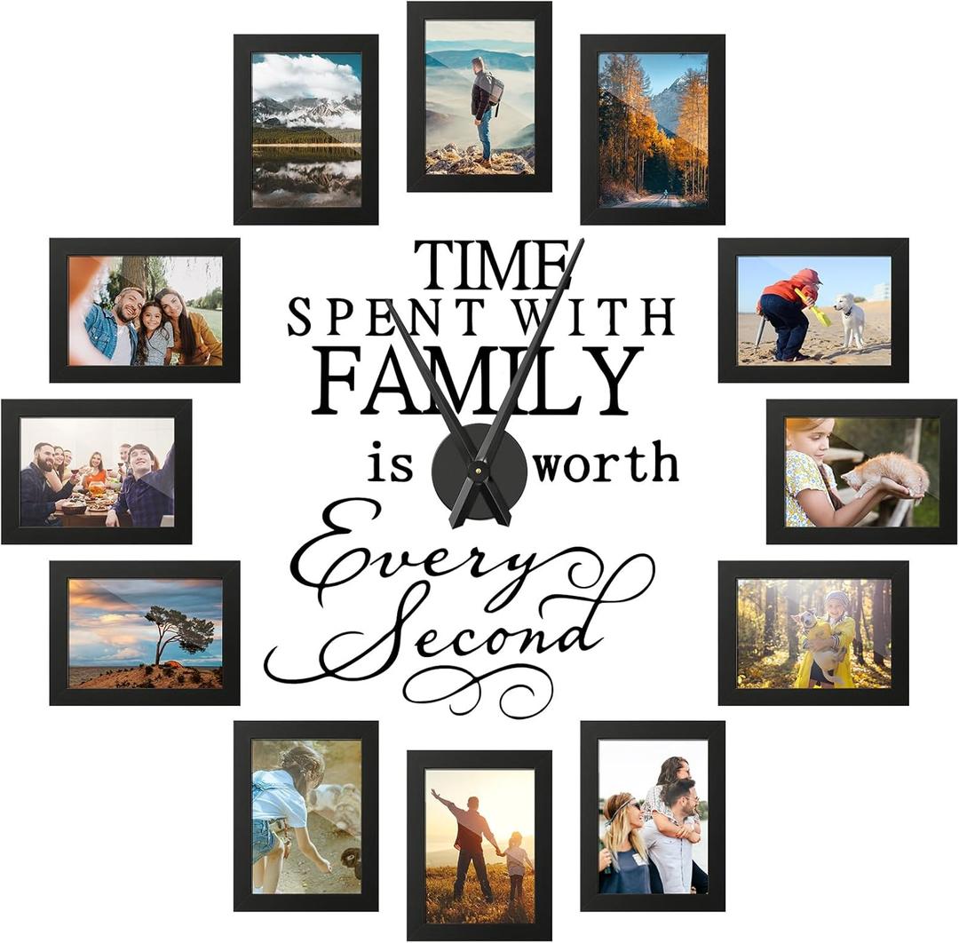 Briwooody Family Photo Clock Frame Wall Decor for Living Room, Family Picture Frame Clock Wall Art, Mother's Day Gifts, Mom Birthday Gifts, Room Decor(5 x 7 Inch,Black)