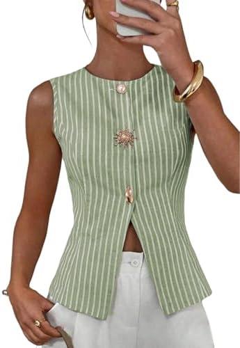 BLENCOT Womens Striped Sleeveless Slim Fit Vest Tops Dressy Crewneck Metal Button Down Business Casual Outfits Large