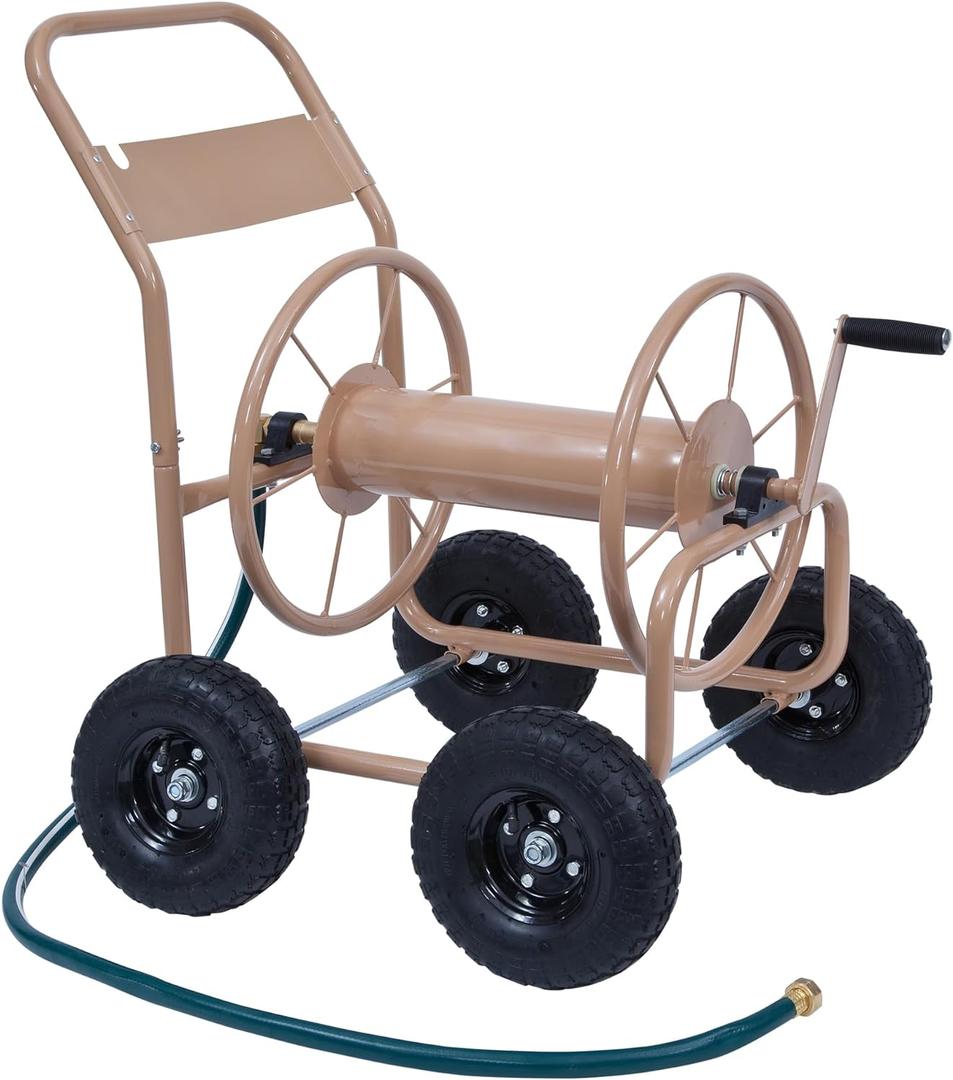 Liberty Garden Industrial 4 Wheel 300 Foot of 0.625 Inch Hose Steel Frame Water Hose Reel Cart for Backyard, Garden, or Lawn, Beige