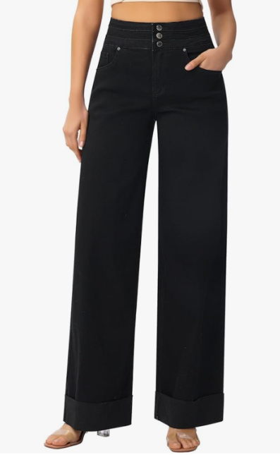 roswear Women's High Waisted Stretchy Wide Leg Jeans Cuffed Baggy Jeans Loose Denim Pants Black L