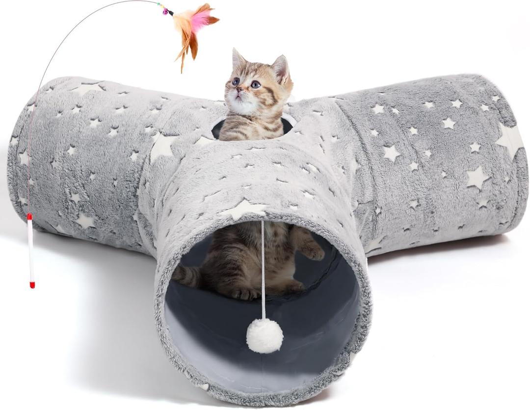 Tempcore 3-Way Collapsible Cat Tunnel Toy with Self-Luminous Tube & Peek Hole Ball - Photoluminescence Play Tunnel for Indoor Cats, Kittens, Kitty, Puppy, Rabbit - Boredom Relief Pet Toy