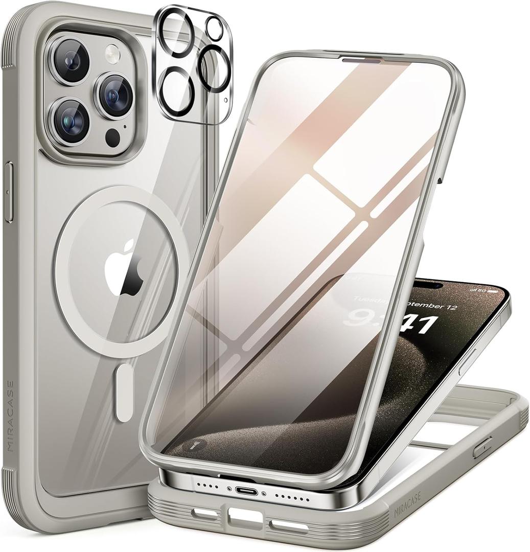 Miracase Magnetic for iPhone 15 Pro Case [Compatible with MagSafe] Full-Body Phone case with Built-in Glass Screen Protector& Camera Protector, Military Drop Proof 15 Pro Cover,Titan