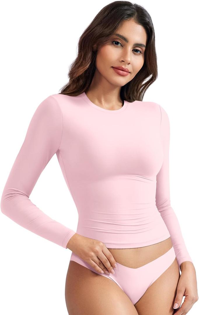 YEOREO Long Sleeve Shirts for Women y2k Tops Double Lined Basic Tee Crew Neck Going Out Sweeney Workout Undershirt (X-Small, Sakura Pink)