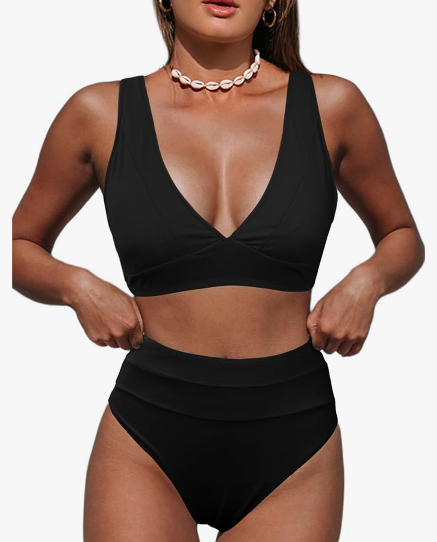 Hilinker Women's Leopard Bikini Swimsuits V Neck High Waisted 2 Piece Bathing Suits, Small