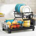 Dish Rack for Kitchen Counter, Large Capacity Dish Drying Racks with Drainboard, Kitchen 2 Tier Over Sink Dish Rack, Countertop Dish Drainer Rack with Removable Cup&Cutlery Holders, 15.7"x12.2"x11.6" (Black)