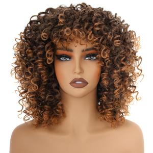 14inch Black/Brown Curly Wigs for Women,Short Kinky Afro Curly Wigs with Bangs Natural Soft Bouncy Fluffy Heat Resistant Synthetic Hair Wig 70s for Daily or Party