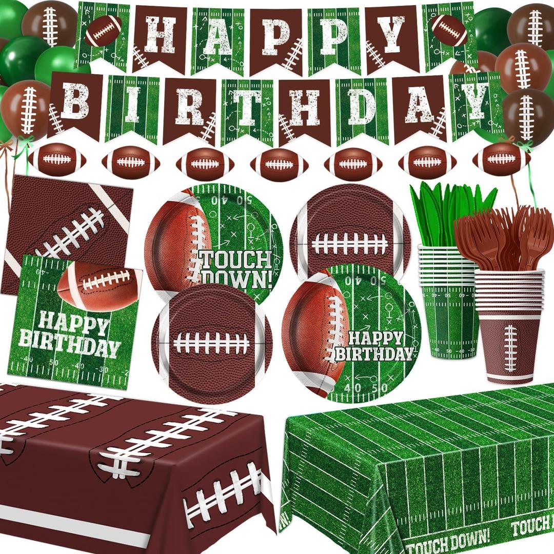 Football Birthday Party Decorations Includes Plates, Napkins, Cups, Banner, Balloons, Touchdown Tablecloth for Football Birthday & Tailgate Party Decorations, Serves 24