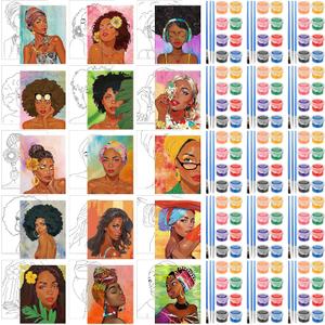 Sherr 75 Pcs 15 Set Pre Drawn Canvas Kit for Painting Craft Sip and Paint Kit for Adults Boho Black Women Pre Printed Canvas Painting Favor for DIY Black History Month Gifts Adult's Date Party