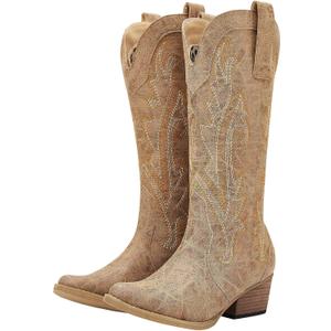 HISEA Rollda Cowboy Boots Women Western Boots Cowgirl Boots Ladies Pointy Toe Fashion Boots (8, Tan)