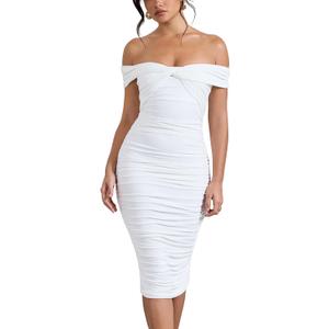 GOBLES Women's Sexy Off The Shoulder Twist Wrap Short Sleeve Ruched Bodycon Midi Party Dress, White, Small
