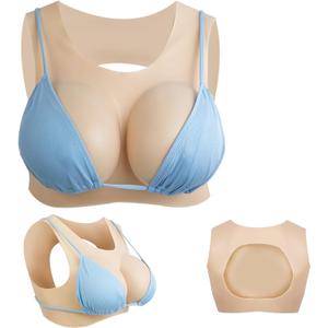 Silicone Breastplate B-G Cup Fake breasts forms Fake boobs Low neckline Back cutout For Crossdresser Drag Cosplay (Tan)