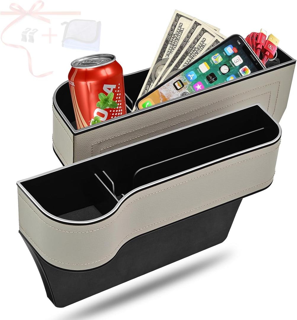 Car Seat Gap Filler Organizer, 2 Pack Multifunctional Car Seat Organizer, Auto Console Side Storage Box with Cup Holders 2 Seat Hooks for Drink, Car Organizer Front Seat for Holding Phone, Sunglasses (Light Gray Silver)