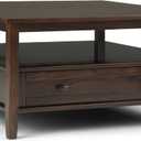 SIMPLIHOME Warm Shaker Square Coffee Table - 36 inch Wide Solid Wood Cocktail Table in Tobacco Brown, Transitional Living Room Table with Large Storage Drawer and Open Shelf for Sitting Area