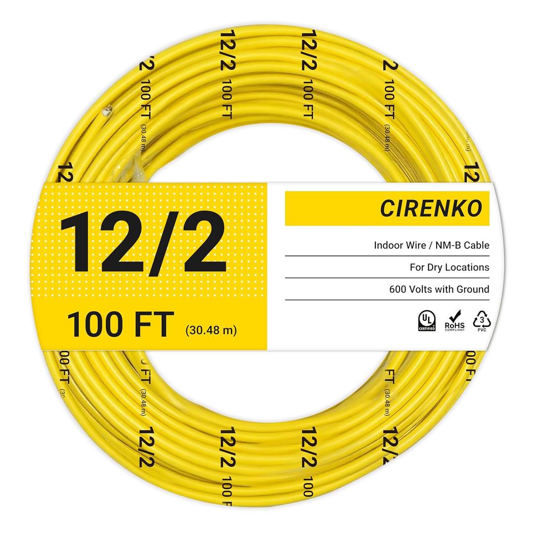 12/2 NM-B Cable 100 FT UL Listed Residential Indoor Electrical Wire with Ground, Solid Bare Copper, 600V (Yellow Jacket)