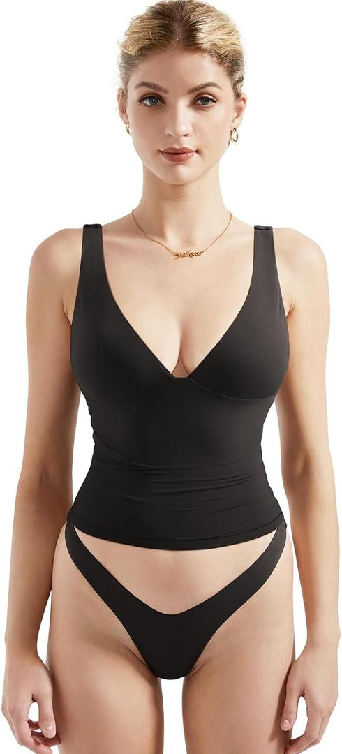 SUUKSESS Women Sexy V Neck V Back Sleeveless Tank Top Summer Going Out Basic Top Scoop Neck Double Lined Y2K Crop Top (Black, XS)