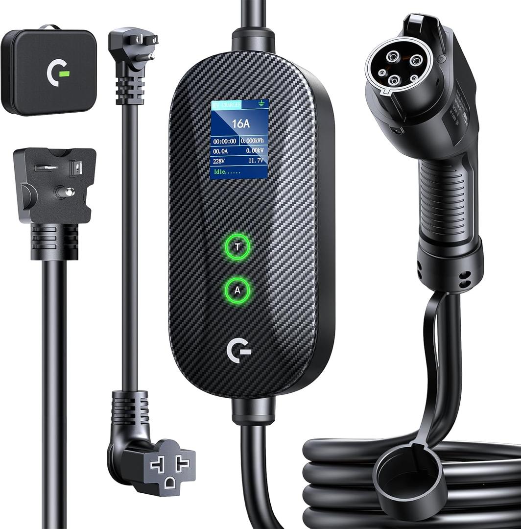 Carbon Fiber Level 1&2 Portable EV Charger, 8-16A Adjustable Current/Timer/Smart Display, NEMA 6-20 & 5-15 Plug, 16FT EV Charging Cable, J1772 Electric Car Charging Cord for All SEA J1772 EVs/PHEVs