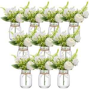 XunYee 10 Set Mason Jar Table Centerpiece with Flower Mason Jar Flower Centerpiece Vases Decor for Engagement Party Bridal Shower Wedding Reception Table Decor(White,Rose)