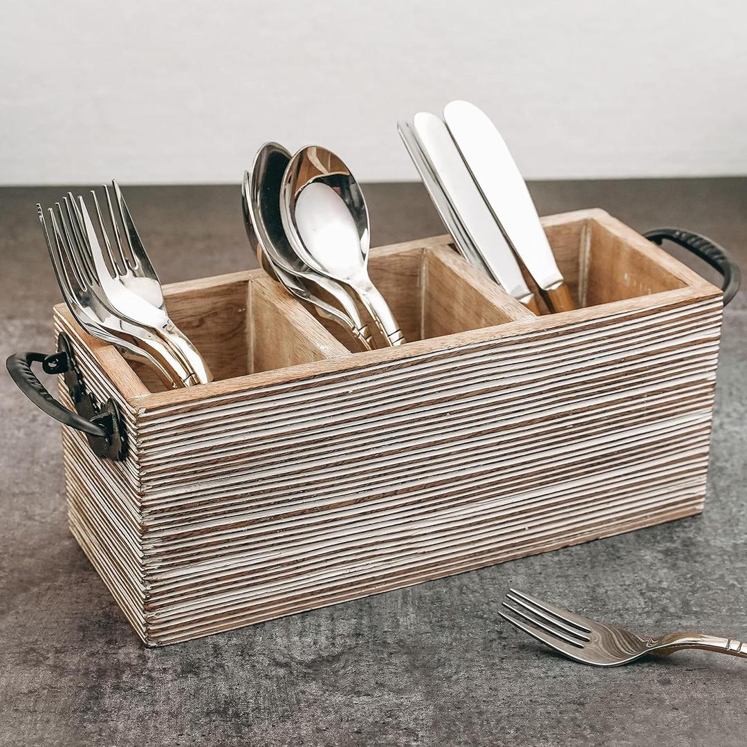 Wooden Cutlery Holder/Spoon Stand For Dining Table And Utensils Holder For Kitchen With 3 Sections, White