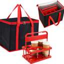 Reusable 6 Cup Drink Carrier with Handle and Insulated Bag, Grocery Catering Travel Thermal Frozen Carrier Foldable Plastic Cup Holder and Large Capacity Insulated Food Bag for Car Delivery, Travel