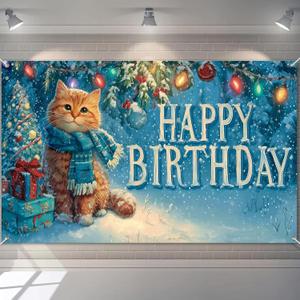 Winter Happy Birthday Banner Decrations 71x43 Inch Ginger Cat Party Backdrop Snow Christmas Tree Scene Background for Kids Winter Wonderland Birthday Decorations Gifts