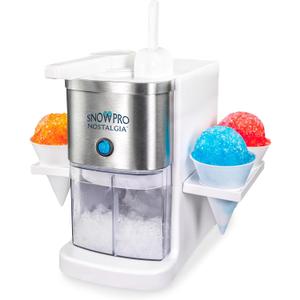Nostalgia SnowPro Electric Shaved Ice & Snow Cone Maker 64-Ounce Ice Shaving Capacity, 4 Reusable Cones, Side Shelves, and Scoop Included (Stainless)
