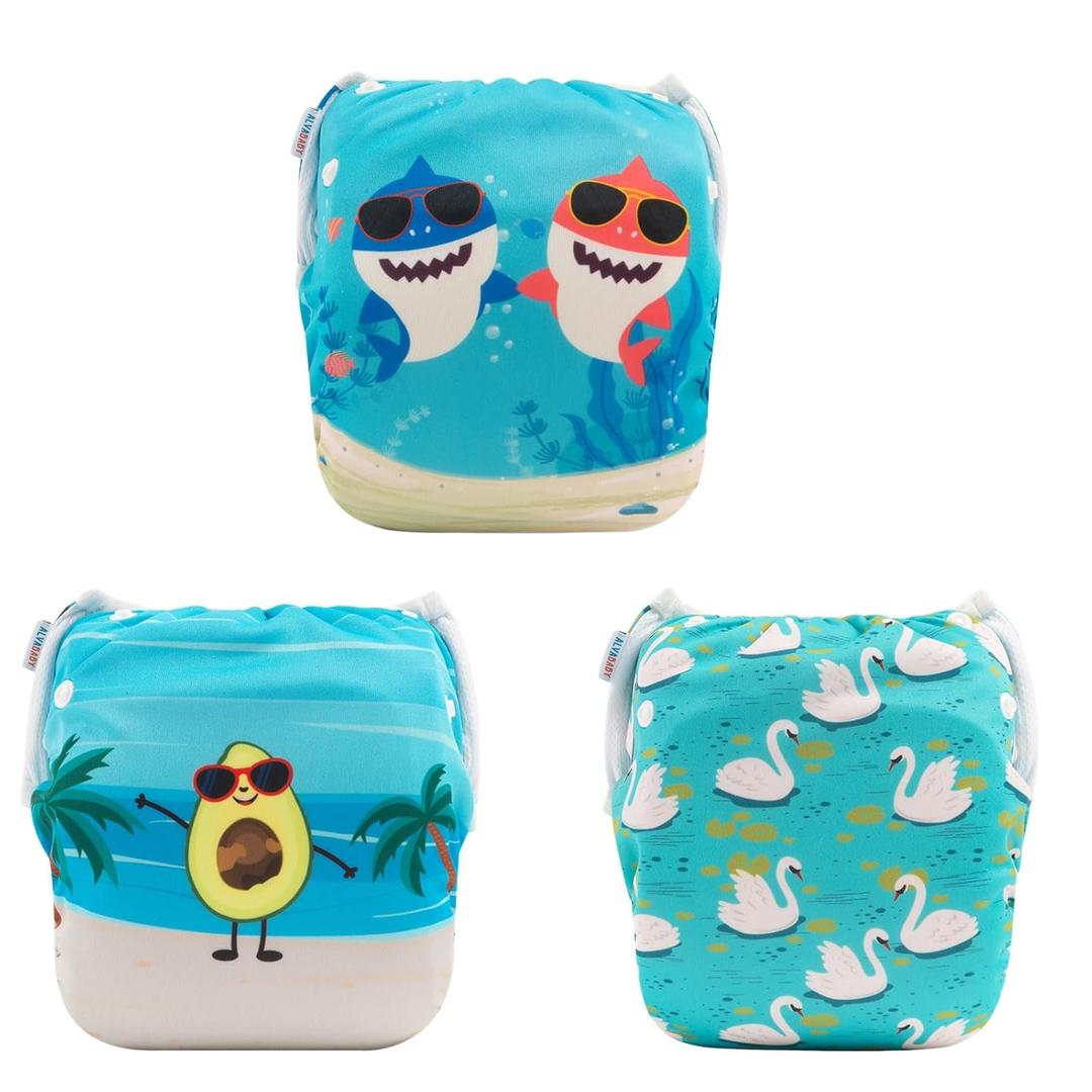 ALVABABY Large Swim Diapers 3pcs Baby & Toddler Snap One Size Reusable Adjustable Baby Gifts Baby Boy 3SWY36 (Small, Shark Brother$swan$avocado)